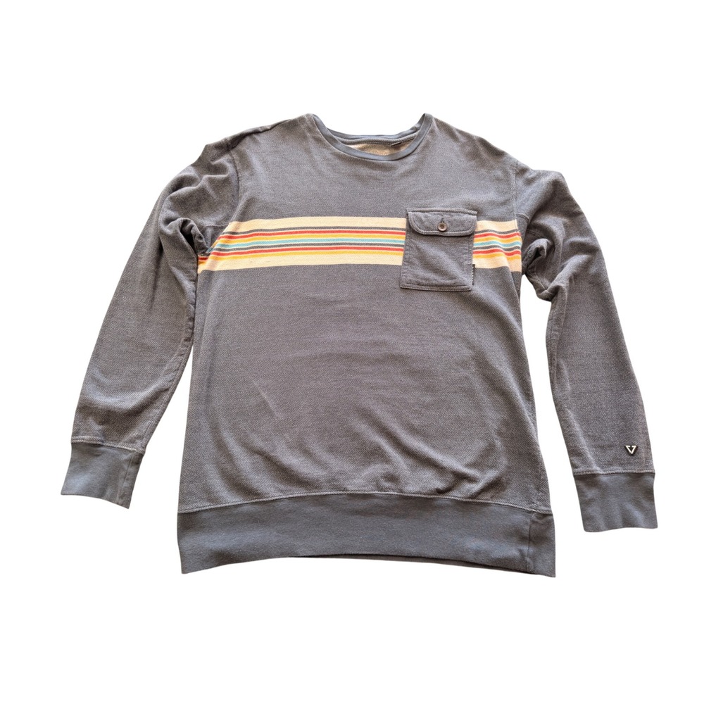 Vissla Mens Large Charcoal Grey‎ Herringbone Retro Stripe Pocket Sweatshirt